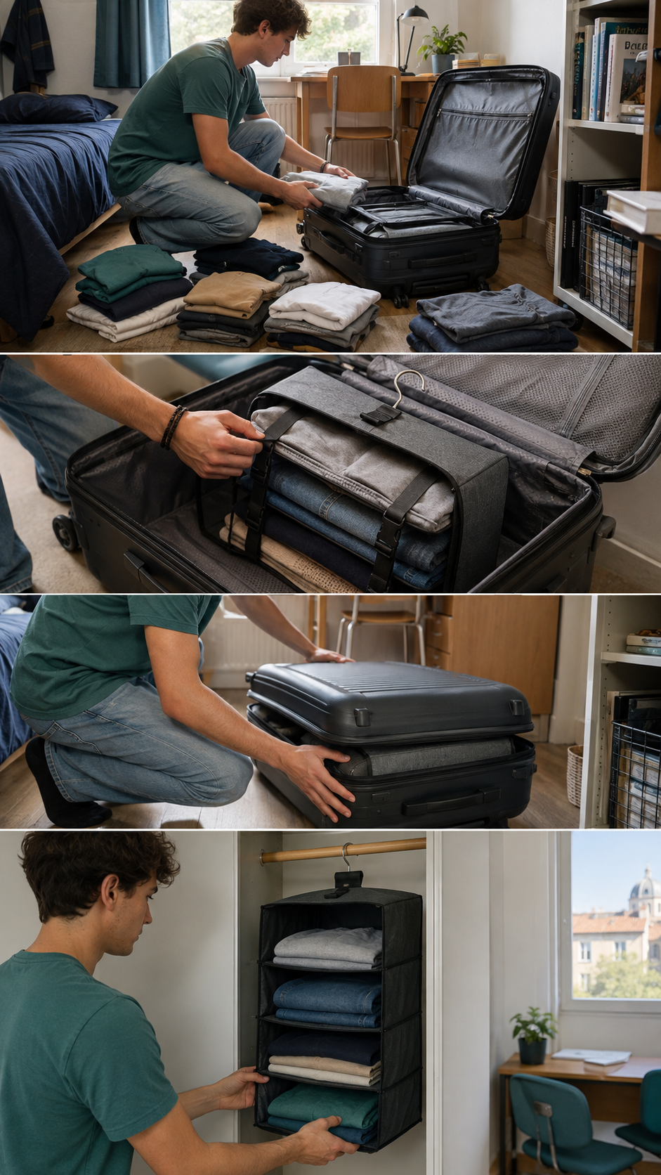 Organisateur de valise compartimenté, compressé puis suspendu dans un logement étudiant
