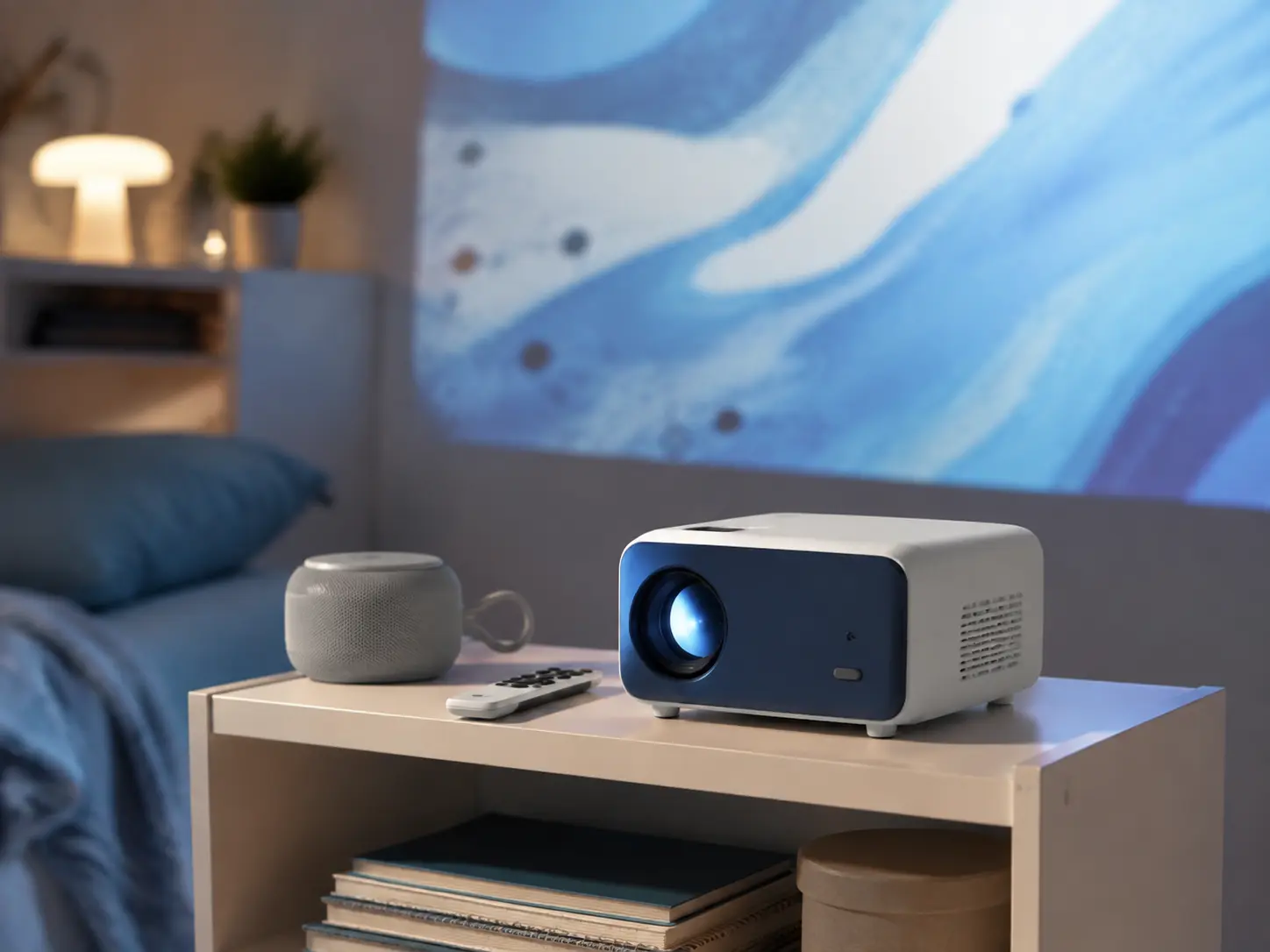 Mini-projecteur compact diffusant une image dans une chambre étudiante