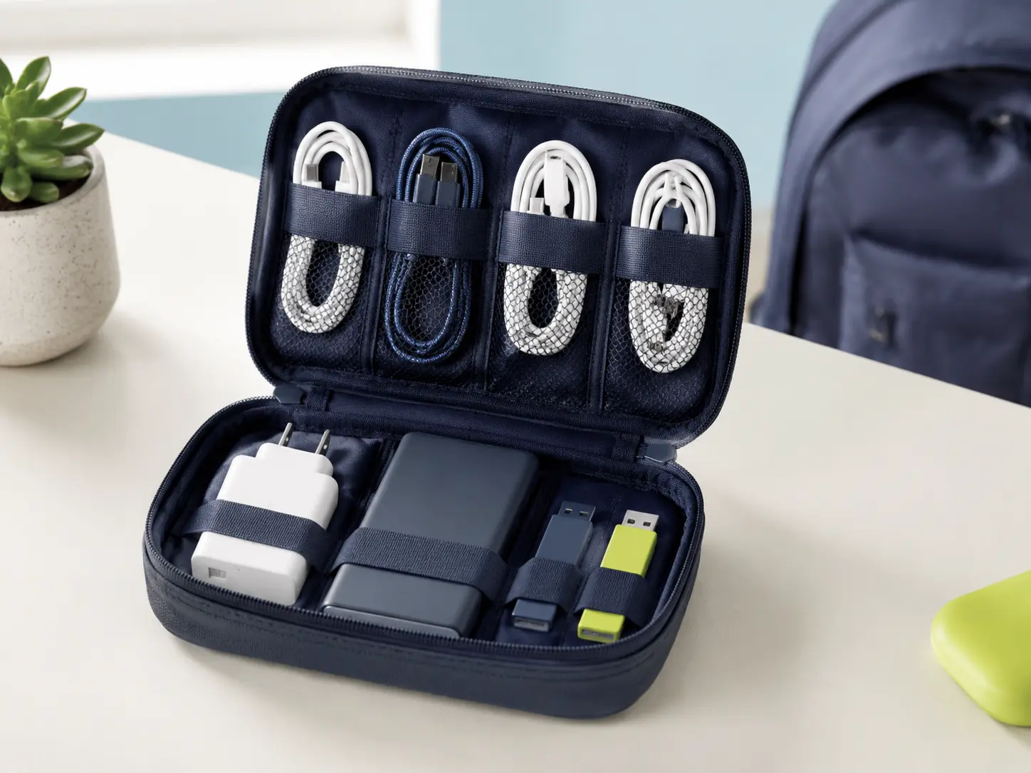 Pochette tech ouverte avec chargeurs, câbles et accessoires électroniques organisés