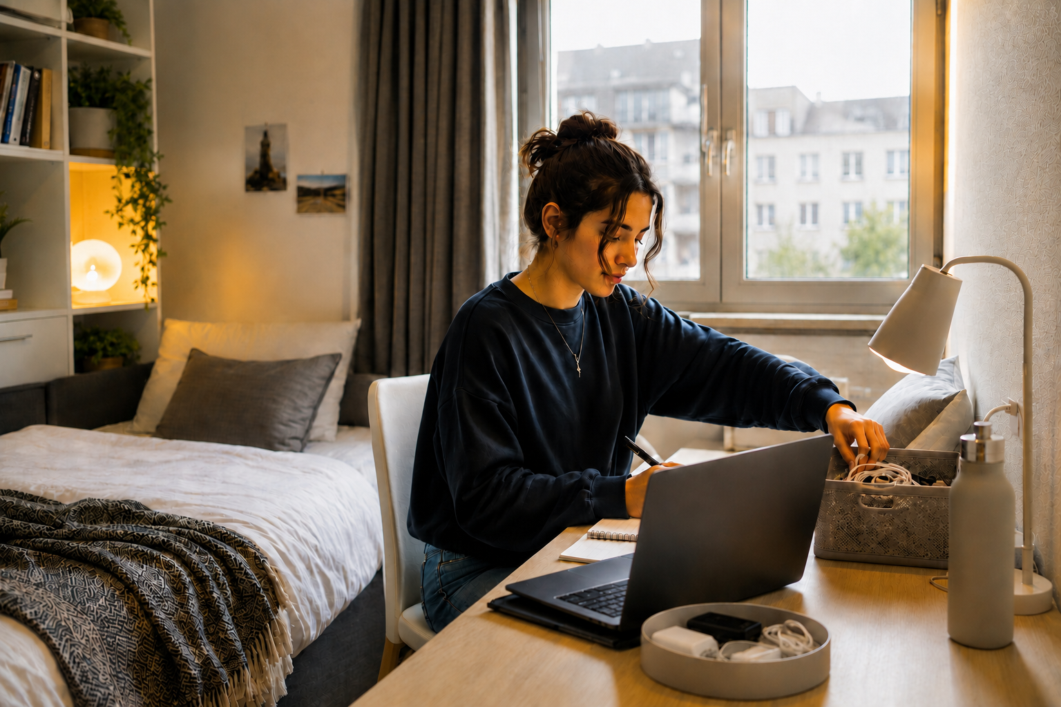 Étudiante organisée dans une chambre étudiante
