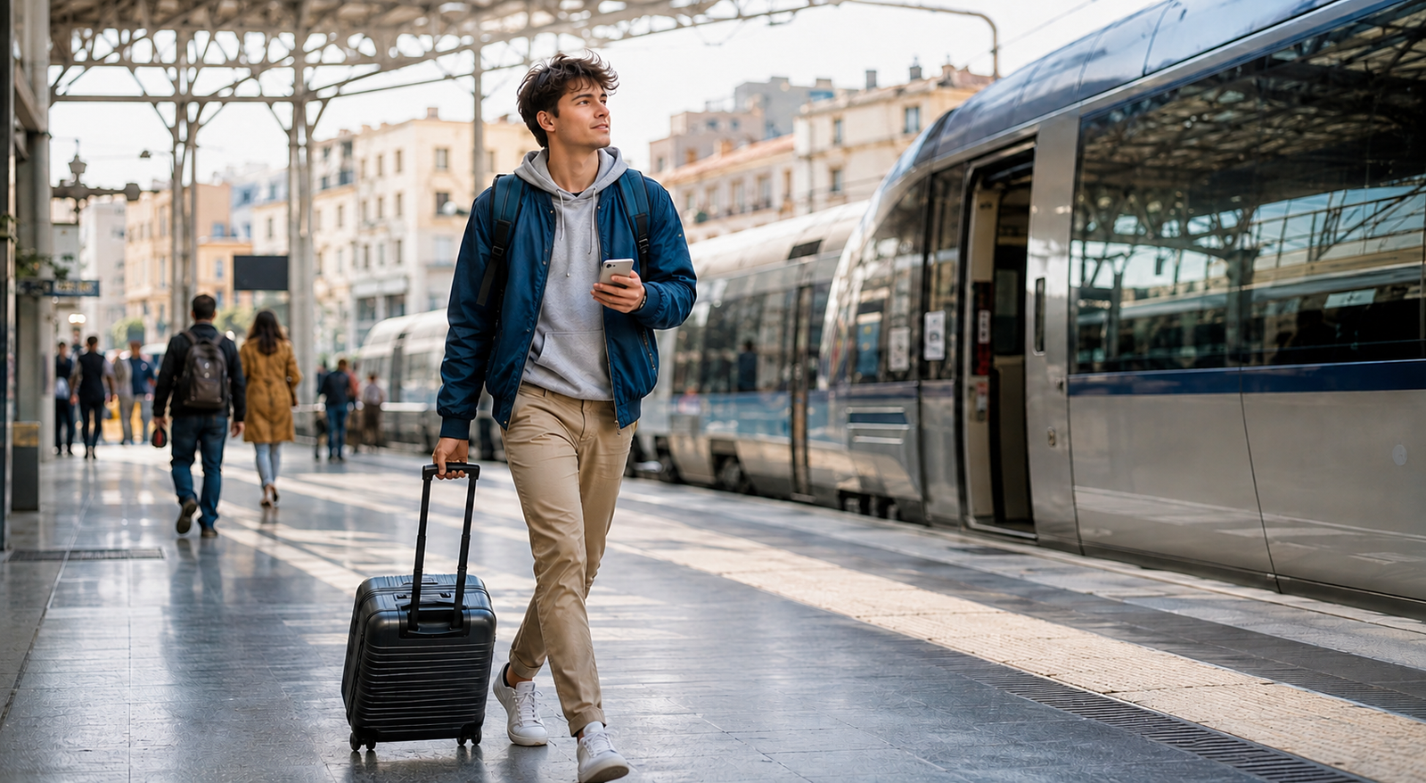 Étudiant en déplacement dans une gare pour ses études